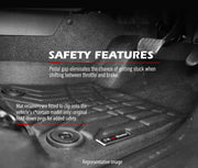 Car floor mats for Mitsubishi Pajero Sport with safety features overlayed on the image