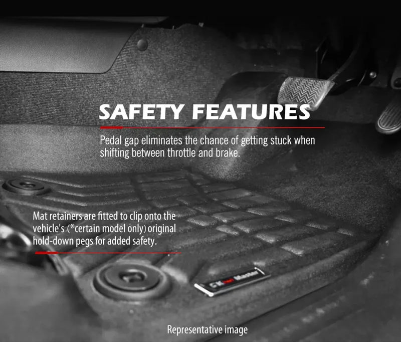 Car floor mats for Mitsubishi Pajero Sport with safety features overlayed on the image