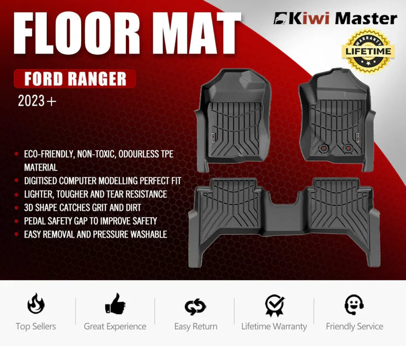 Front and rear car floor mats for Ford Ranger Next Gen Kiwi Master 3D TPE