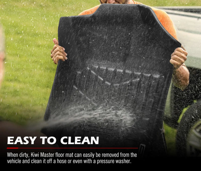 Black rubber Ford Ranger car floor mats being cleaned with water spray