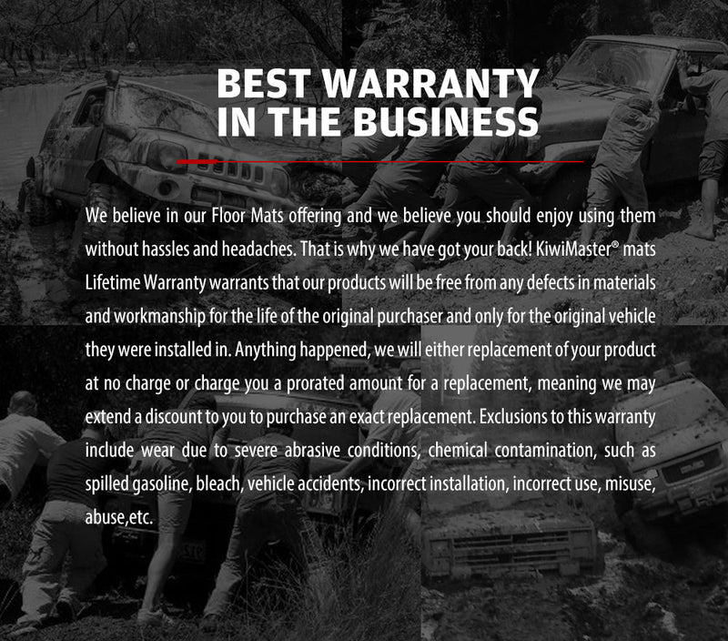Advertisement for Kiwi Master 3D TPE Car Floor Mats with lifetime warranty on car floor images