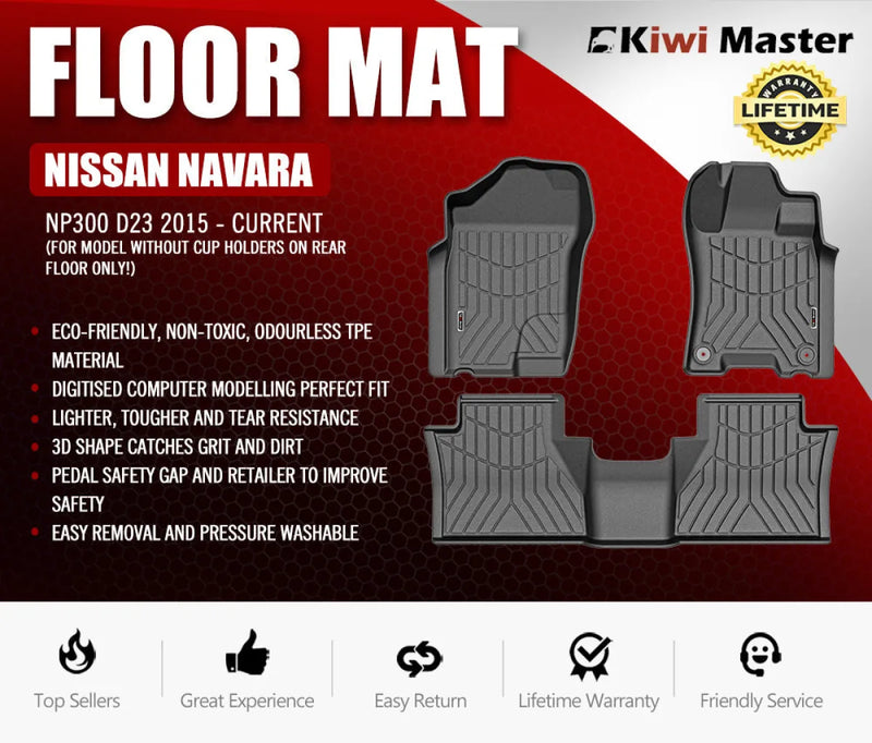 Textured custom-fit floor mats for Nissan Navara NP300 D23 vehicles, durable TPE design