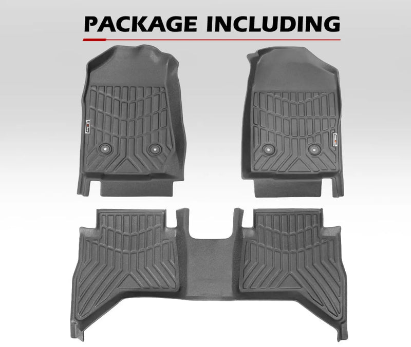 Custom-fit Kiwi Masters 3D TPE car floor mats with textured surfaces and raised edges