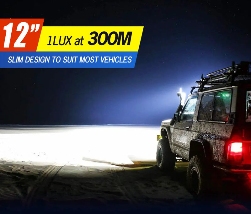 Off-road vehicle illuminated by Bright Headlights using Lightfox 12-inch LED light bar