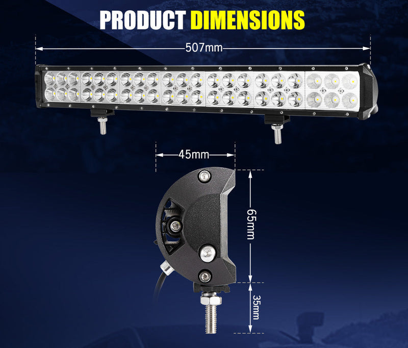 Lightfox 20-inch LED light bar with mounting bracket and product dimensions displayed