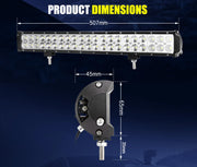 Lightfox 20-inch LED light bar with mounting bracket and product dimensions displayed