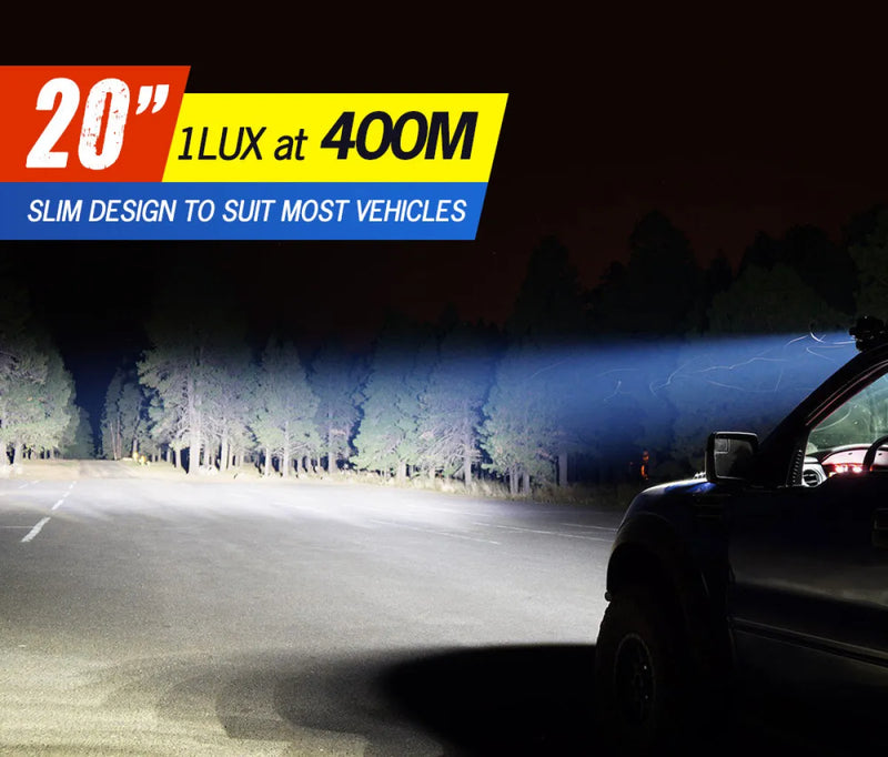 Lightfox 20 inch LED light bar illuminating a dark road for vehicles, high-powered led light bar
