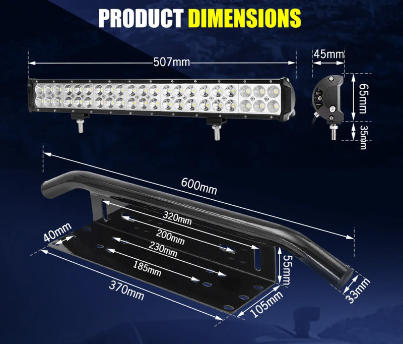 LED light bar with mounting dimensions and number plate frame for Lightfox 20 LED light