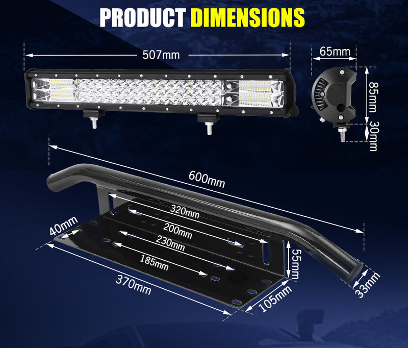 Lightfox 20-inch LED light bar with mounting dimensions, wiring harness, and Rego plate
