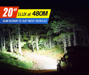 Lightfox 20-inch LED light bar illuminating a forest path at night for vehicles