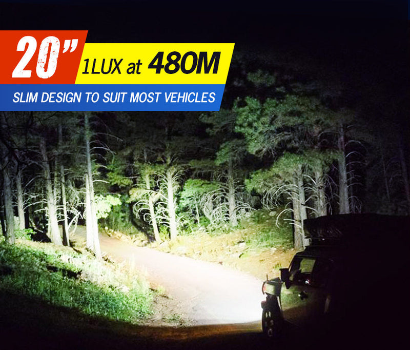 Lightfox 20-inch LED light bar illuminating a forest path at night for vehicles