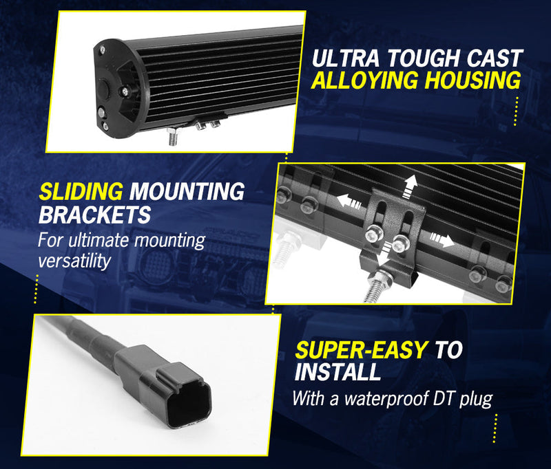 LED light bar with rugged housing and mounting brackets for vehicles.