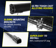 LED light bar with rugged housing and mounting brackets for vehicles.