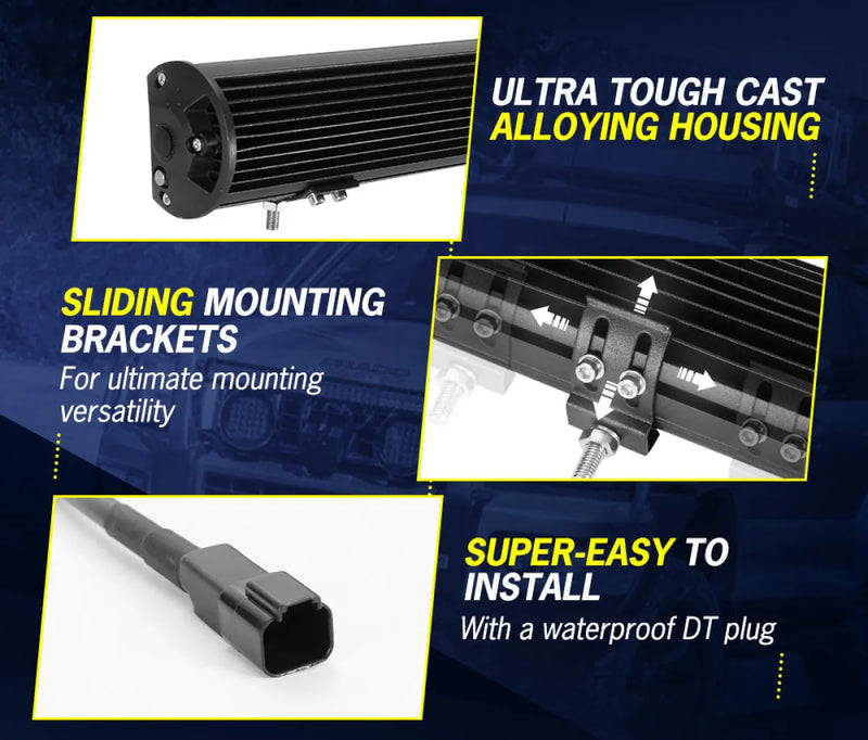 LED light bar with rugged housing and mounting brackets for vehicles.