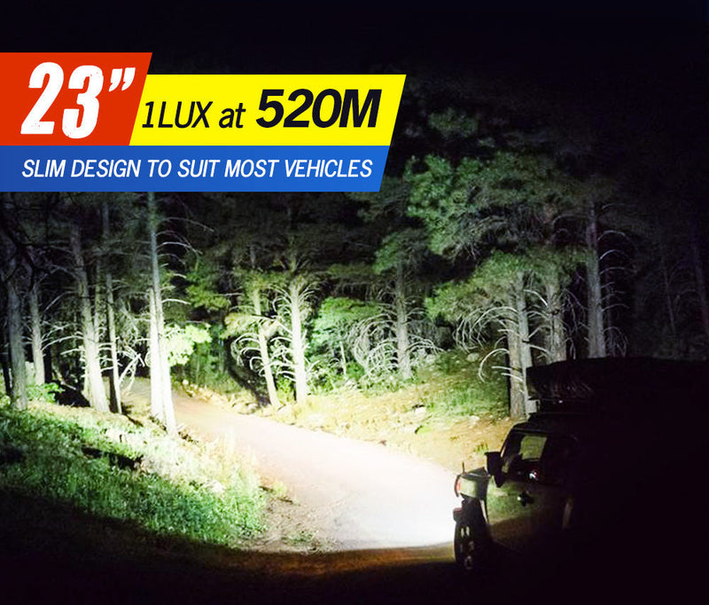 Lightfox 23’’ LED Light Bar illuminating a forest path at night for vehicles
