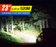 Lightfox 23’’ LED Light Bar illuminating a forest path at night for vehicles