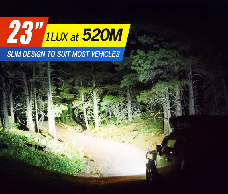 Lightfox 23’’ LED Light Bar illuminating a forest path at night for vehicles