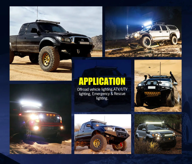 Collage of off-road vehicles with enhanced lighting featuring Lightfox 23-inch LED light bar