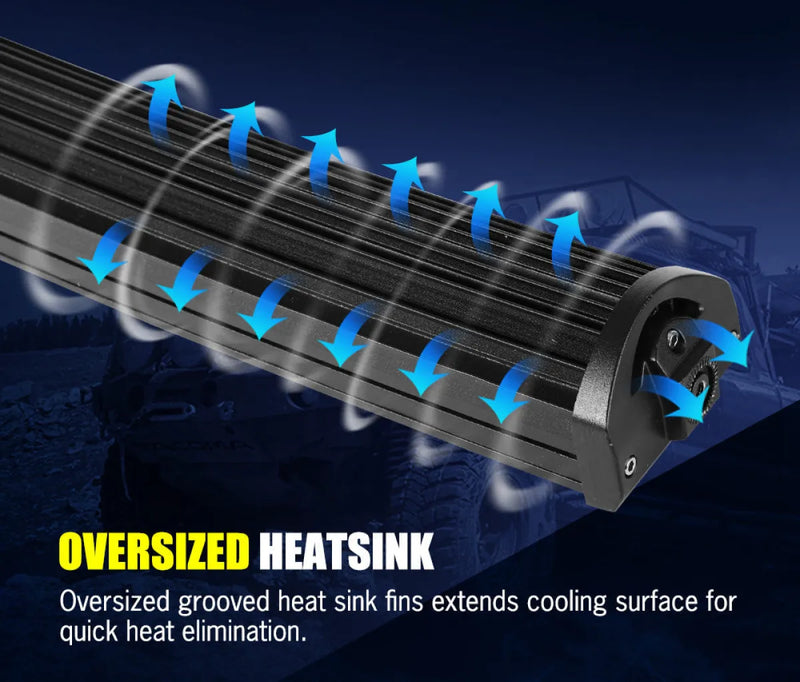 Cylindrical heatsink with grooved fins and blue airflow arrows on Lightfox 50 LED Light Bar
