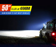Off-road vehicle with Lightfox 50-inch LED curved light bar illuminating dark landscape