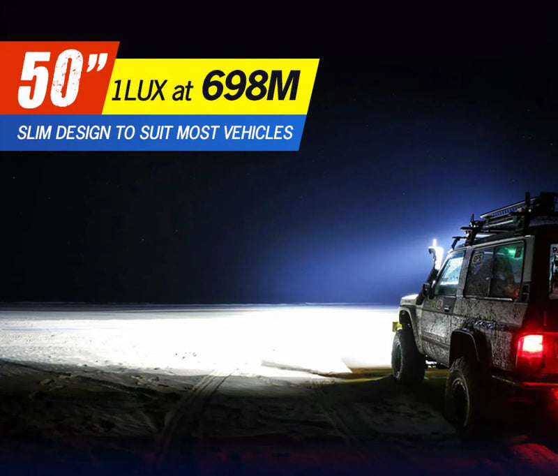 Off-road vehicle with Lightfox 50-inch LED curved light bar illuminating dark landscape