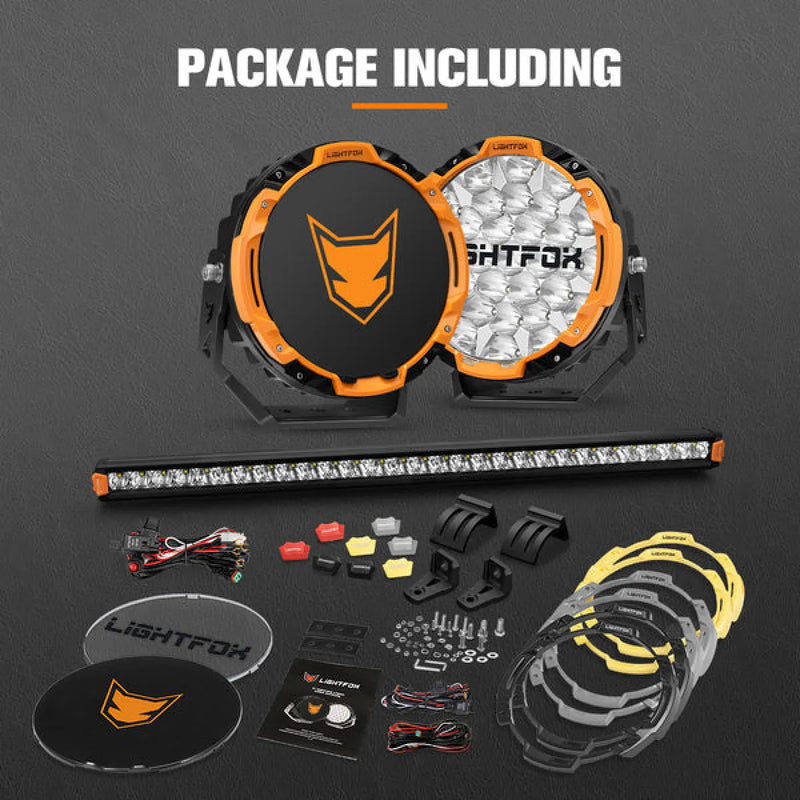 Lightfox LED Driving Lights plus Single Row LED Light Bar with Wiring Kit Bundle