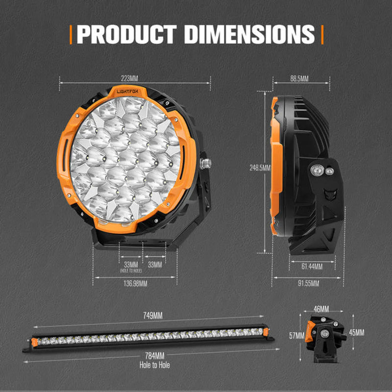 Lightfox LED Driving Lights plus Single Row LED Light Bar with Wiring Kit Bundle