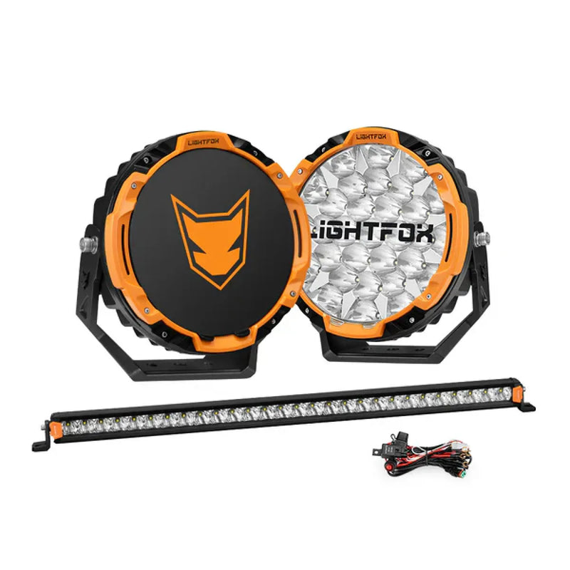 Lightfox LED Driving Lights plus Single Row LED Light Bar with Wiring Kit Bundle