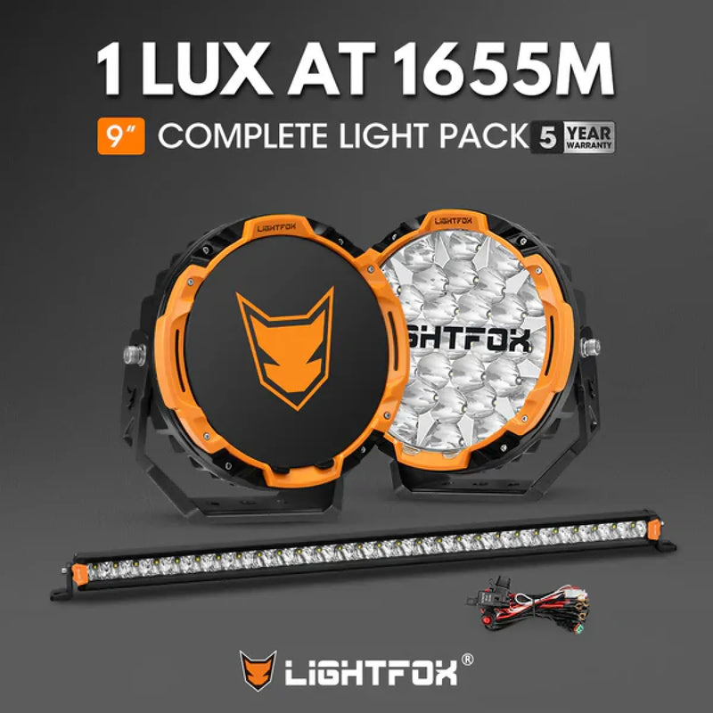 Lightfox LED Driving Lights plus Single Row LED Light Bar with Wiring Kit Bundle