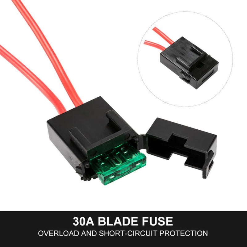 Automotive blade fuse holder with green fuse and wires in Lightfox LED Wiring Loom Harness Kit