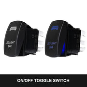 On/off rocker switch with illuminated labels for LED wiring loom harness in Lightfox kit