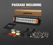 Lightfox Rigel Series 12-inch LED light bar with orange end caps and mounting accessories