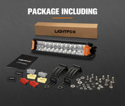 Lightfox Rigel Series 12-inch LED light bar with orange end caps and mounting accessories