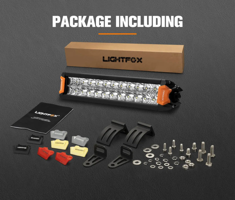 Lightfox Rigel Series 12-inch LED light bar with orange end caps and mounting accessories