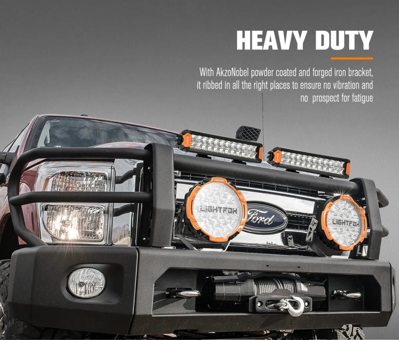Heavy-duty truck front grille with Lightfox Rigel Series 12 inch LED light bar and accessories
