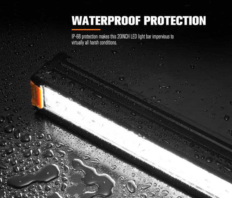 Waterproof LED light bar with water droplets on Lightfox Rigel Series 20 inch LED light bar