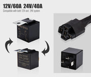 Automotive relay compatible with 12V/60A and 24V/40A for high beam and driving light systems