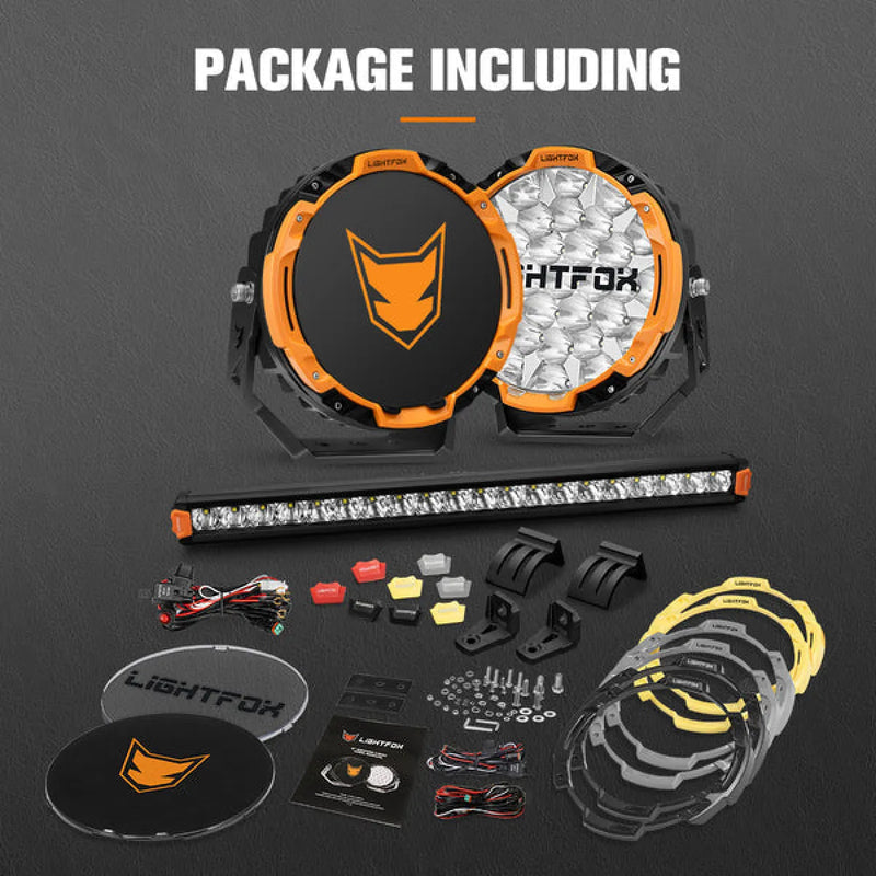 Lightfox Starrix 9" LED Driving Lights plus 20" Single Row LED Light Bar Bundle