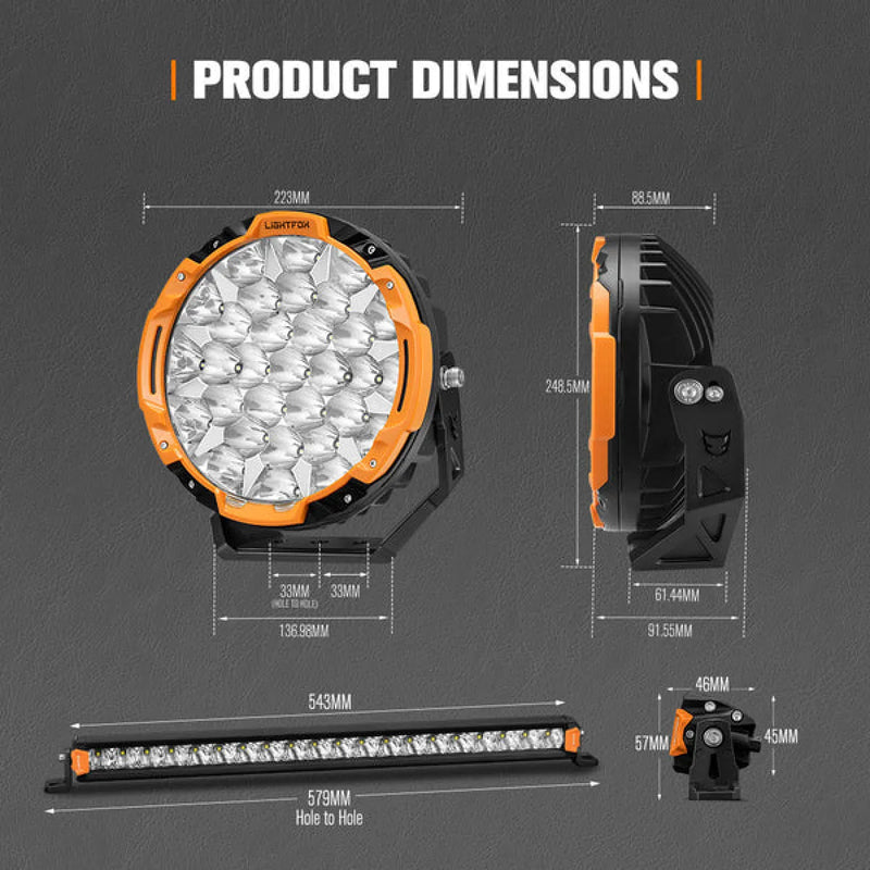 Lightfox Starrix 9" LED Driving Lights plus 20" Single Row LED Light Bar Bundle