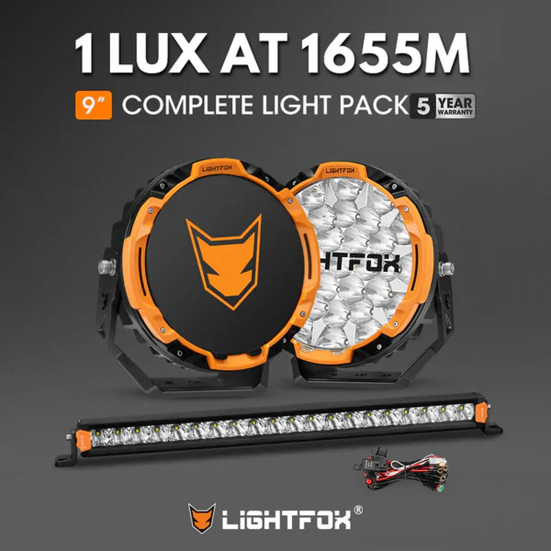 Lightfox Starrix 9" LED Driving Lights plus 20" Single Row LED Light Bar Bundle