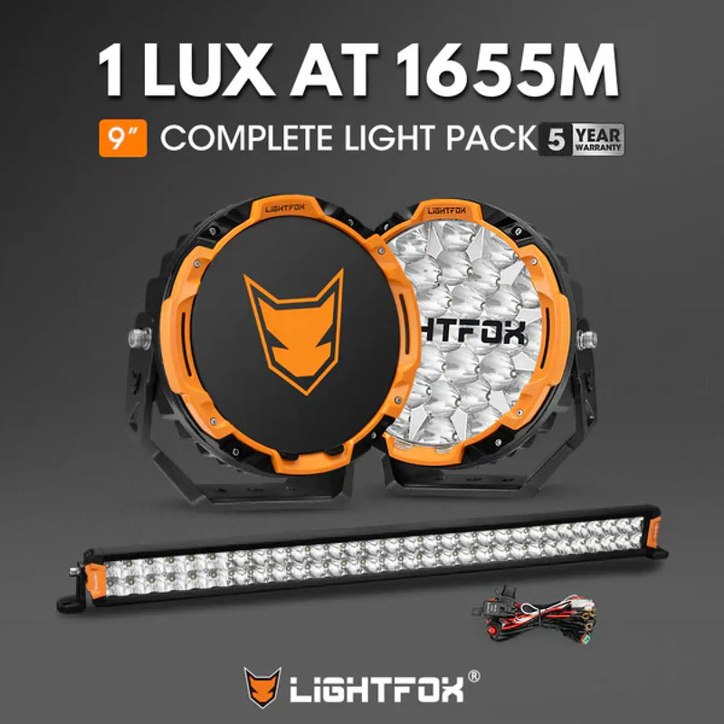 Lightfox Starrix 9" LED Driving Lights Plus 30" Dual Row LED Light Bar Bundle