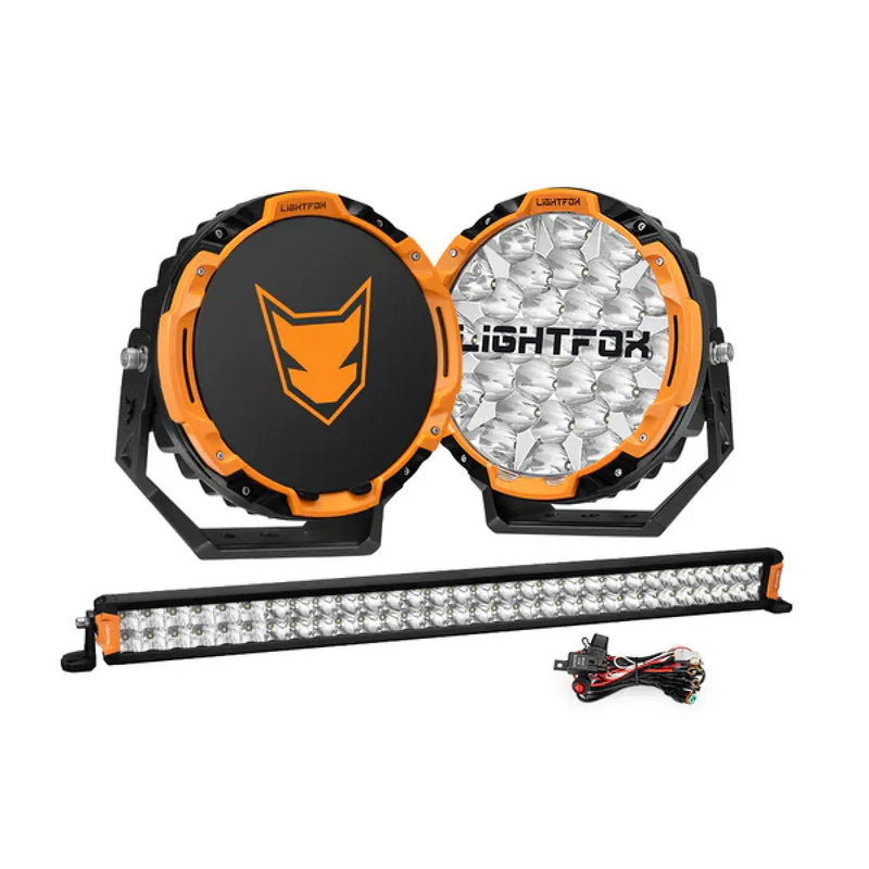 Lightfox Starrix 9" LED Driving Lights Plus 30" Dual Row LED Light Bar Bundle
