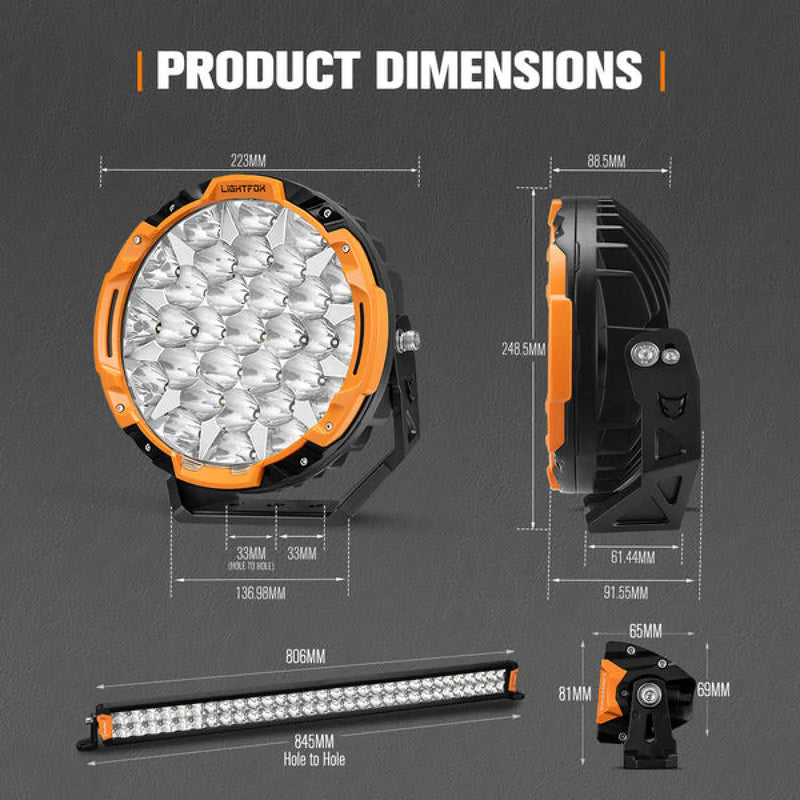 Lightfox Starrix 9" LED Driving Lights Plus 30" Dual Row LED Light Bar Bundle
