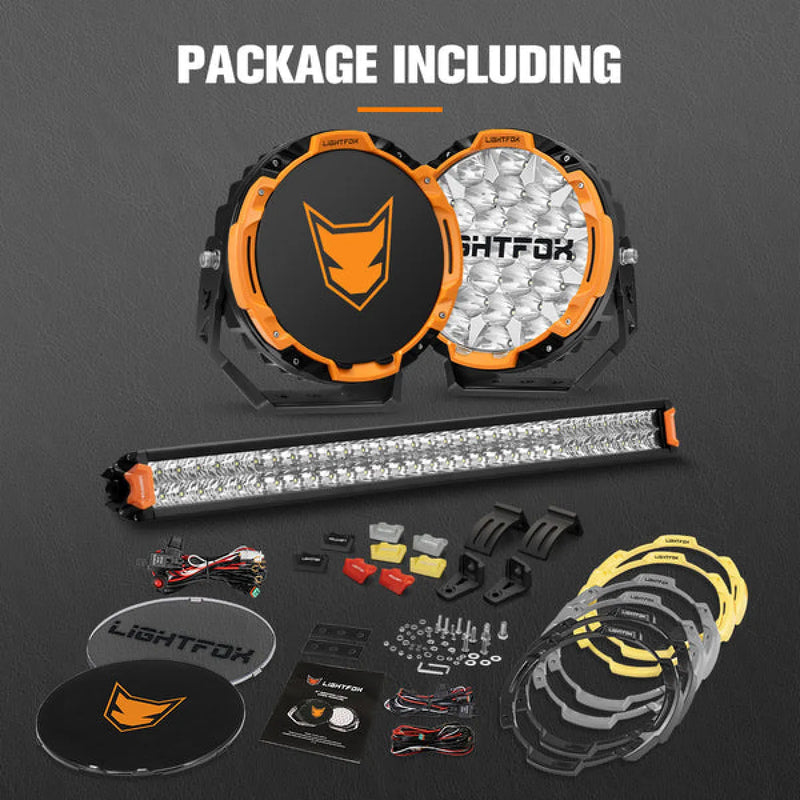 Lightfox Starrix 9" LED Driving Lights Plus 30" Dual Row LED Light Bar Bundle