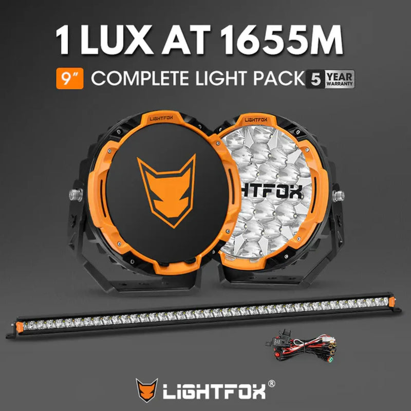 Lightfox Starrix 9" LED Driving Lights plus 40" Single Row LED Light Bar Bundle