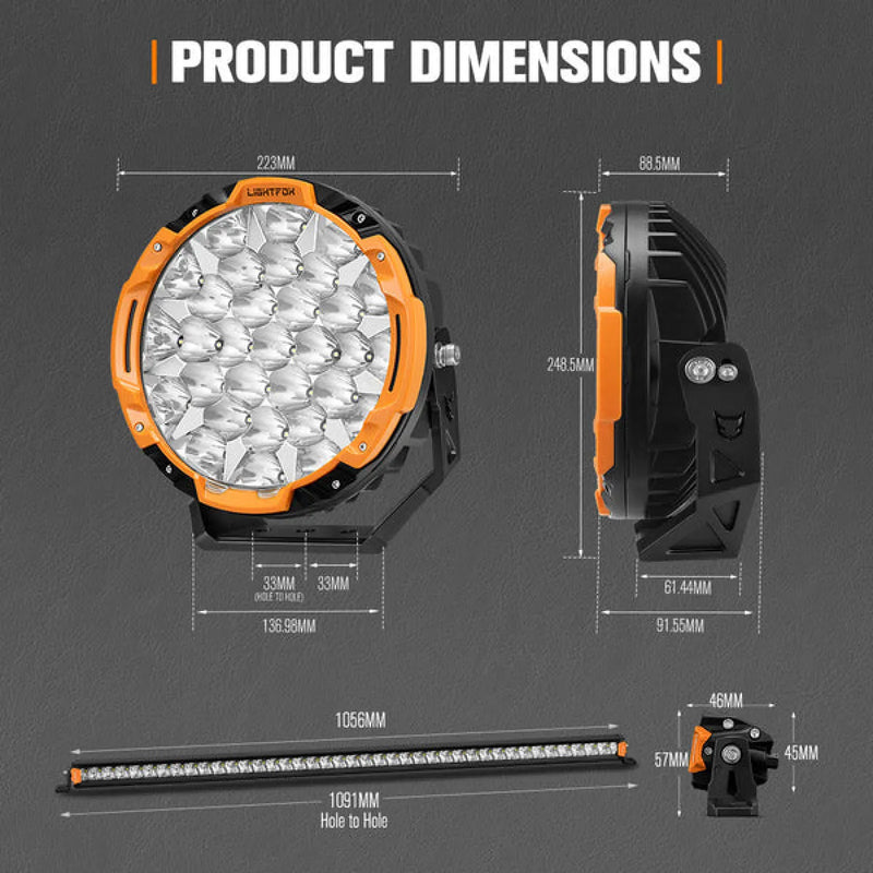 Lightfox Starrix 9" LED Driving Lights plus 40" Single Row LED Light Bar Bundle