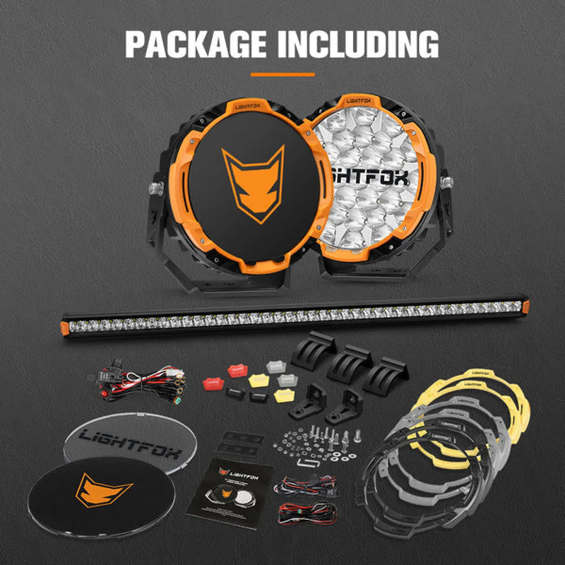 Lightfox Starrix 9" LED Driving Lights plus 40" Single Row LED Light Bar Bundle