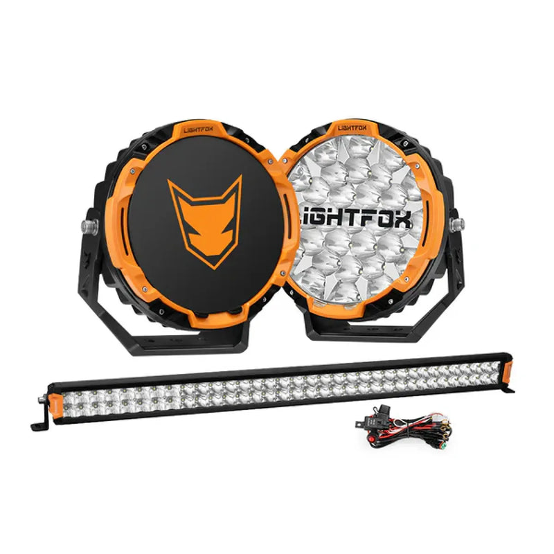 Lightfox Starrix Osram LED Driving Lights and Dual Row LED Light Bar with Wiring Kit Bundle