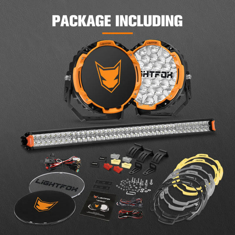 Lightfox Starrix Osram LED Driving Lights and Dual Row LED Light Bar with Wiring Kit Bundle