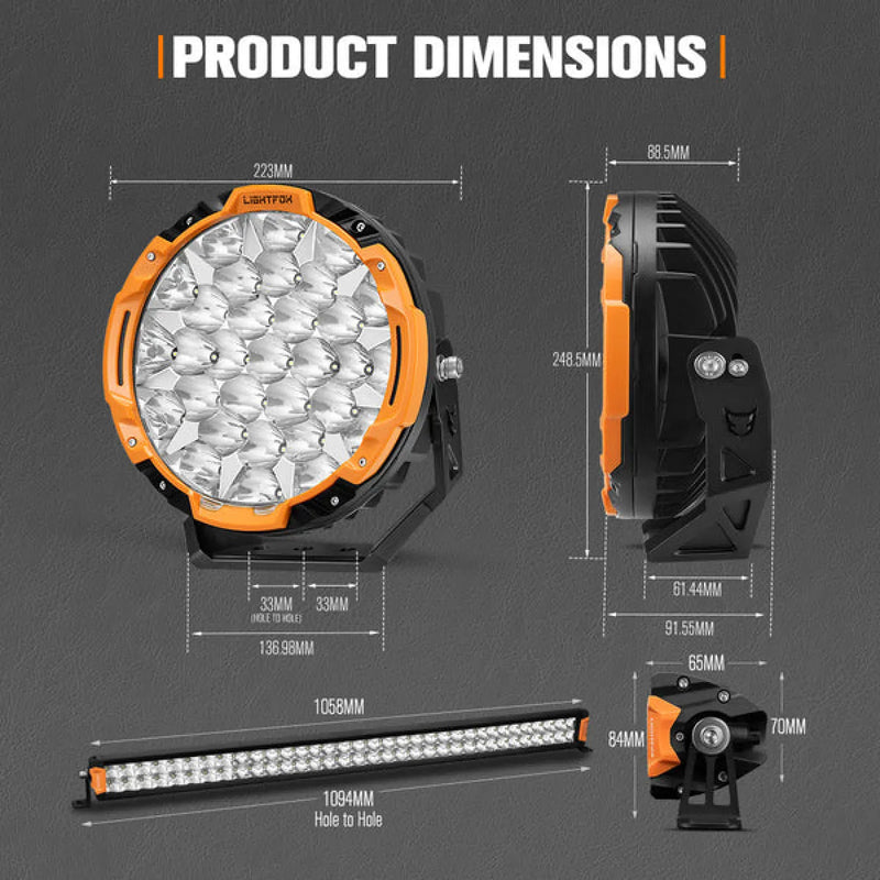 Lightfox Starrix Osram LED Driving Lights and Dual Row LED Light Bar with Wiring Kit Bundle